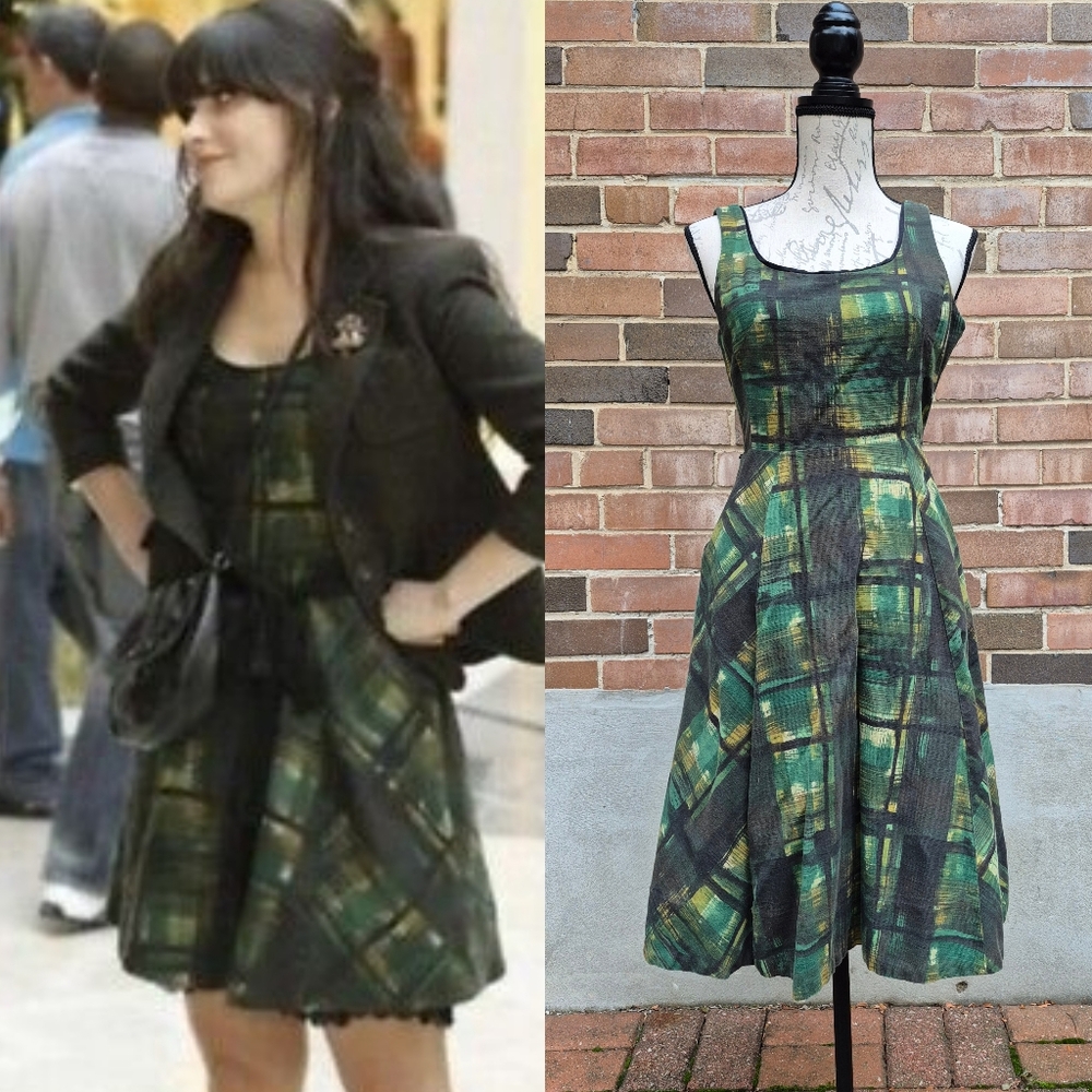 Zooey Deschanel Anthropologie Maeve Green Painterly Plaid Midi Dress Size 0